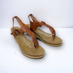 Jolimal Boho Leather Braided Cognac Wedge Sandals, Size 10